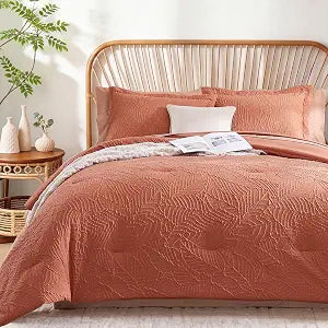 Geniospin Queen Size Comforter Set - 7 Pieces Burnt Orange Bedding Set, Botanical Textured Comforter Set, All Season Lightweight Bed in a Bag with Comforter, Sheets, Pillowcases & Shams