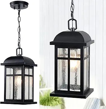 Outdoor Pendant Light for Porch, Farmhouse Exterior Pendant Lantern, Matte Black Outside Modern Hanging Porch Light with Seeded Glass for Door Patio Entryway Gazebo Breezeway Pergolas Yard