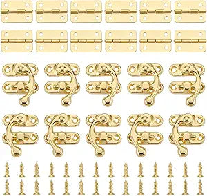 10 Set Small Hinges for Wooden Box Retro Jewelry Box Hinges and Latch with 68 Screws and 12 Pcs Hinge Vintage Style Mini Hinge for Crafts Latch Hook Tool for Decorative Cabinet Small Wooden Gold