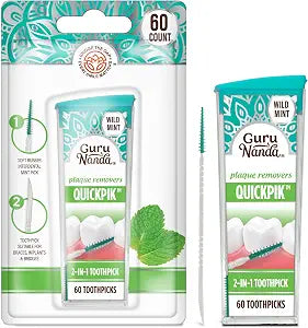 GuruNanda QuickPik Toothpicks with Interdental Pick, Wild Mint, 60 ct