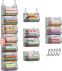X-cosrack 7 Tier Foldable Hanging Closet Organizer and Storage,Wire Closet Shelving with 4 Large Hooks+ 5 S Hooks,Hanging Basket for Clothes Sweaters Shoes Handbags,Small Closet Organizers