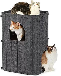 FUKUMARU Cat House for Indoor Cats, 23.62 Inch Large Cat Bed Cave Condo, 2-Storey Cozy Felt Covered Cats Tunnel Kitten Hideaway for Multicats, Scratch Resistant, Dark Grey