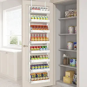 BUKFEN 8-Tier Over the Door Pantry Organizer, 2-in-1 Door Hanging or Wall Mounted Spice Rack, Heavy Duty Metal Storage Shelves with Adjustable Baskets for Kitchen Bathroom Closet