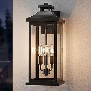 VenzBlomia Large Outdoor Light 3-Light 20" Black Exterior Lighting Fixture, Modern Outside Wall Mounted Porch Sconce, Waterproof Patio Garage Garden Carriage Lantern Lamp for House E12, 1-Pack