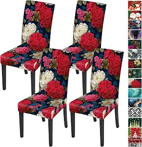 Peony Floral Chair Covers for Dining Room Set of 4  Red and White Bloom Pattern Stretch Slipcovers  Washable Elegant Flower Chair Protector for Home Decor