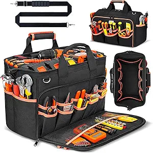 JJRING Heavy Duty 17inch Tool Bag with 48-Pockets, 1680D Oxford Organizer Storage Bag With Adjustable Shoulder Strap And Padded Handle For Electrician Plumbing Mechanics DIY And Craftsmen (RED)