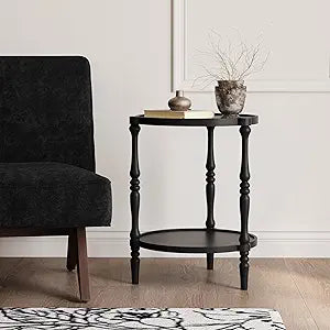 Accent Wood End Table, 2-Tier Round Bedside Table, Natural Side Table Nightstand for Family, Bedroom, Living Room, Handcrafted Finish, Black
