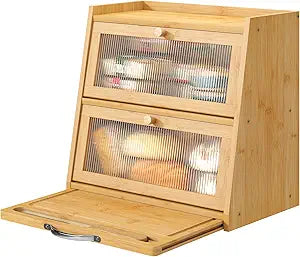 viewcare Large Bread Box for Kitchen Counter With Cutting Board, 2-Tier Bread Box, Bamboo Wood Large Capacity Bread Storage Bin with Acrylic Wavy Door Panel