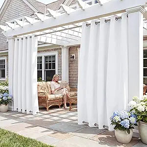 RYB HOME 2 Panels Outdoor Weighted Curtains, Blackout Waterproof Curtains 100% Privacy Thermal Insulating Drapes for Arbor Terrace Porch, Grayish White, Wide 52 x Long 108 inches