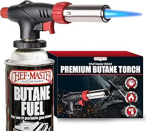 Chef Master Butane Torch Lighter, Refillable Kitchen Torch, Cooking Torch, Adjustable Flame for Creme Brulee, Desserts, BBQ, Crafts, Soldering, Indoor & Outdoor Use - Butane Not Included Model 90022