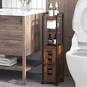 Hzuaneri Bathroom Storage Cabinet - Toilet Paper Storage Cabinet, Small Toilet Paper Holder with 4 Wheels, Bathroom Organizer with Adjustable Shelf, for Small Spaces, Rustic Brown BC04601X