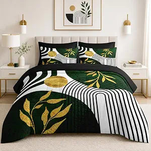 Nesker Comforter Set King Size, Green Boho Golden Leaves 7 Pcs Bedding for Kids and Adults, Mid Century Abstract Bed Sheet Sets with Fitted Sheet 2 Pillowcases & 2 Shams