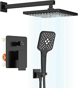 Gabrylly Shower System, 10 Inches Rain Shower Heads with Handheld Spray Combo, Wall Mounted Shower Faucets Sets Complete with Shower Valve Kit, Shower Head and Handle Set, Matte Black