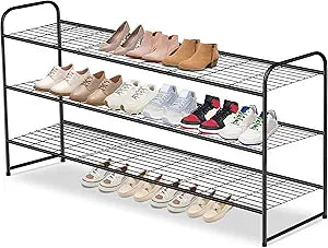 AOODA Long 3 Tier Metal Shoe Rack for Closet Wide Stackable Shoe Storage Organizer for Entryway, Bedroom, Floor, 24-Pairs Men Sneakers Shoe Shelf with Wire Grid, Black