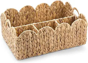 Scalloped Edge Wicker Basket Divided Storage Hand Woven Rattan Basket Tray for Bathroom Bedroom Kitchen Shelves Office Decor Organization(4 Compartments,Natural,Water Hyacinth)