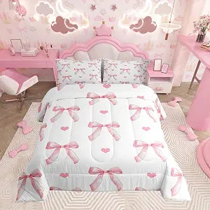Feelyou Bowknot Comforter Set Full Size Bow Tie Butterfly Knot Princes Comforter Dreamy Princess Style Bedding Set Cartoon Bowknot Duvet Set Pinky White Quilt Set