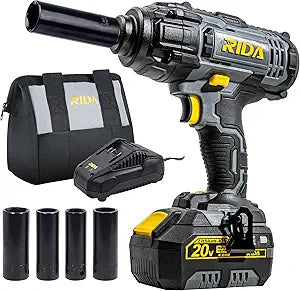 RIDA POWER Cordless Impact Wrench, 1/2 Inch Impact Gun with 5 Torque Options Max 300 Ft-lbs (400N.m), with 4.0Ah Battery & 1 Hour Fast Charger, 4 Pcs Impact Sockets and Tool Bag