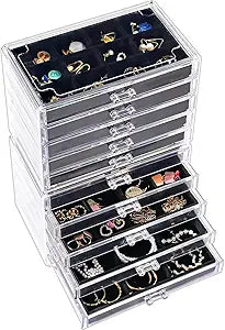 ProCase Earring Holder Organizer Jewelry Box with 10 Drawers, Acrylic Clear Earring Case with Adjustable Velvet Trays for Women - Black,10 Layers
