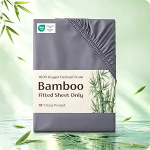 Bedsure Queen Fitted Sheet Only, 100% Rayon Derived from Bamboo, Breathable & Soft, PureWoven Cooling Bottom Sheet for Hot Sleepers, Deep Pocket Up to 18", with 4 Elastic Corner Straps, Grey