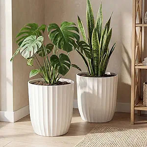 Briwooody 2 Pcs Tall Planter 15" Large Round Plastic Plant Pots with Drainage Hole and Tray White Modern Planter for Indoor Outdoor Plants Home Office Kitchen Bedroom Living Room Porch Patio Decor