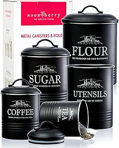 noonberry Kitchen Canisters for Countertop  5-Piece Airtight Canister Sets for the Kitchen Counter with Utensil Holder  Flour Sugar Coffee Tea Containers  Matte Black Finish