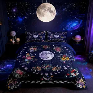 Sun and Moon Kids Comforter Set Twin Size,Starry Sky Galaxy Trippy Bedding Set,Boys Girls Adults Room Decor,Flowers Boho Exotic Retro Down Comforter,Colorful Mystical Duvet Insert,1 Pillowcase