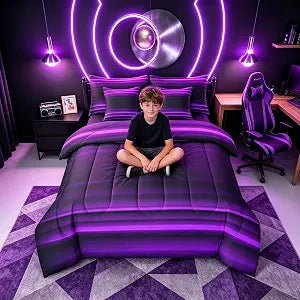 Erosebridal Purple Black 7 Piece Bedding Set Twin Ombre Comforter Set with Sheets Abstract Art Modern 3D Print Bed in A Bag Kids Teens Bed Sets