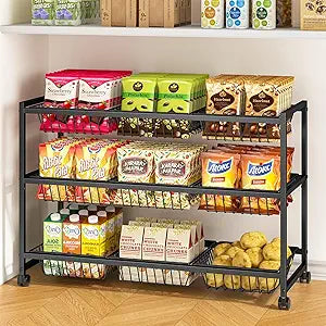 3-Tier Rolling Pantry Cart on Wheels with 9 Removable Baskets, Sturdy Pantry Floor Organizer and Storage, Kitchen Storage Cart for Fruit Vegetables, Snack Organizer for Pantry Kitchen Living Room