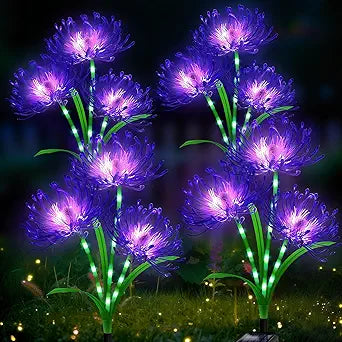 Solar Garden Decor Outdoor, 4 Pack Purple Flower Solar Lights with Glowing Stems, Waterproof IP65 Yard Spider Lily Lights for Pathway Lawn Patio, Decorative Garden Gifts for Women Mom Grandma