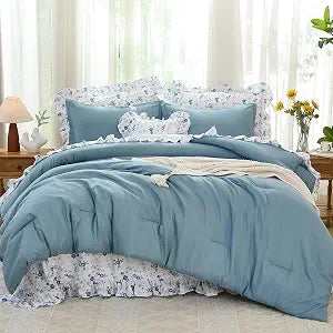 WONGS BEDDING Queen Comforter Set, 8 Pieces Farmhouse Bed in a Bag Queen, Bedding Set Queen Size with Blue Comforter, Ruffle Floral Pillowcases & Flat Sheet, Floral Fitted Sheet