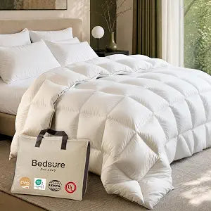 Bedsure Feather Down Comforter Queen Size, Luxurious Fluffy Hotel Duvet Insert with Storage Bag & 8 Corner Tabs, PureWoven Ultra Soft Cotton Blend Fabric, All Season Comforter, 90x90 Inches, White
