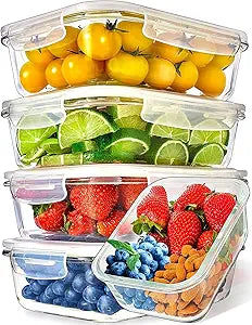 Prep Naturals Glass Meal Prep Containers - Oven, Microwave & Freezer Safe - Leakproof Airtight Glass Storage Containers with Lids - For Food Prep & Lunch - Pack of 5, 36 Oz, Square