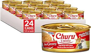 INABA Churu Entre in Gravy for Cats, High Moisture, Prebiotic Wet Cat Food, 5.5oz Cans, 24 Cans Total Tuna Recipe with Lobster
