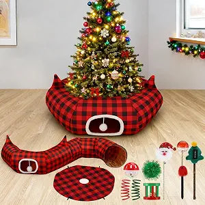 Sosation 9 Pcs Christmas Cat Tunnel Tree Skirt with 7 Pcs Toys 2.9ft x 2.9ft x 10.6inch Buffalo Plaid Tunnel Bed with Ball and Cat Cave for Felines and Small Animals Indoor Outdoor Decorations