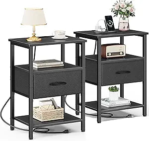 Vagusicc Set of 2 Nightstand with Charging Station, Bed Side Table with Adjustable Fabric Drawer, Night Stand for Bedroom, 3-Tier Storage End Table for Living Room, Tall Nightstand for Bedroom, Black