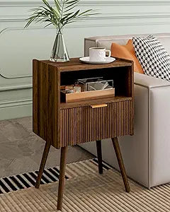 Veegle Nightstand,Modern Bedside Table with Storage Drawer and Open Wood Shelf, Accent Night Stand with Solid Wood Legs for Living Room, Bedroom and Small Spaces,Easy Assembly (Walnut Brown)