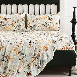 CozySmile Queen Size Printed Sheet Set Soft & Breathable Bedding Deep Pocket 16" Cooling Wrinkle Free Comforter Bed Set Botanical Pattern Sheets (Queen, Butterflies Dancing)