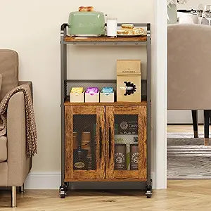 Hencawima Small Coffee Bar Cabinet with Storage, 3-Tier Rolling Coffee Bar Table, Farmhouse Coffee Cart Station with 2 Doors for Living Room, Dining Room, Rustic Brown