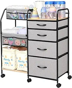 Fabuday Baby Diaper Caddy Organizer Cart - 4 Tier Rolling Diaper Cart with Wheels, Baby Essentials Organizers and Storage, Mobile Utility Carts for Bedside, Crib Nursury, Bedroom, Changing Table
