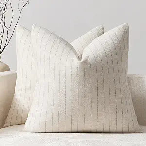DEZENE Pack of 2 Linen Striped Throw Pillow Covers 24x24 Neutral Euro Sham Covers Farmhouse Decorative Square Accent Couch Pillow Cases for Living Room Sofa Bedroom, Beige