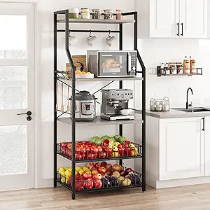 5-Tier Kitchen Bakers Rack with 2 Wire Baskets & 8 Hooks, Microwave Stand Coffee Bar Station, Industrial Storage Shelf for Pots, Spices  Ideal for Kitchen, Dining, and Living Rooms, Black+Gray