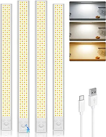 16inch Under Cabinet Lighting, 216LED Motion Sensor Light Indoor, Rechargeable Closet Lights, 3 Color Temps, Dimmable, Wireless Under Counter Lights for Kitchen, Stairs, Pantry, 4 Pack