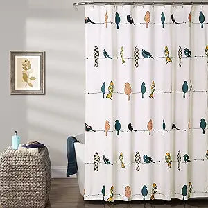 Lush Decor Rowley Birds Shower Curtain, 72 W x 72 L, Multi - Colorful Floral Bird Pattern - Whimsical & Playful Bird Shower Curtain - Farmhouse, Coastal, & Boho Bathroom Decor