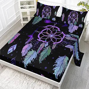 Datura home Dream Catcher Sheet Set Fitted and Flat Black Purple Printed with 1 + 2 Pillowcases (Dream Twin), Twin 67x97 inches