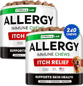StrellaLab Dog Allergy Relief & Anti Itch Support Chews w/Omega 3: Real Ingredients, Real Taste! Skin & Coat Immune Supplement w/Fish Oil, Pumpkin & Enzymes  Developed by Experts - Made in USA -240Ct