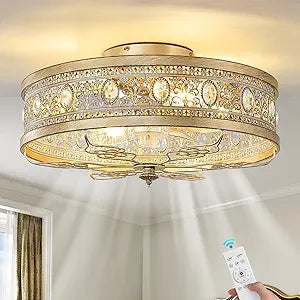 Gold Caged Ceiling Fan with Lights 19 Inch Vintage Crystal Fandelier Enclosed Bladeless Ceiling Fan with Remote Flush Mount Low Profile Ceiling Fan for Bedroom Living Room Kitchen