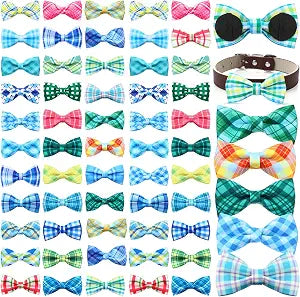 Silkfly 60 Pcs Summer Plaid Dog Collar Bow Ties Bulk Dog Bowtie Holiday Pet Accessories Puppy Bows Detachable Collar Charms for Small Medium Large Pets Cat Grooming Supplies Costume