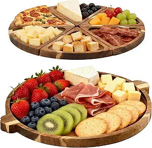 Acacia Wood Serving Tray with Handles, Round Charcuterie Boards with 6 Detachable Pizza Trays, Wooden Decorative Tray for Party, Coffee Table Tray for Home Decor, Bathroom, Kitchen Counter