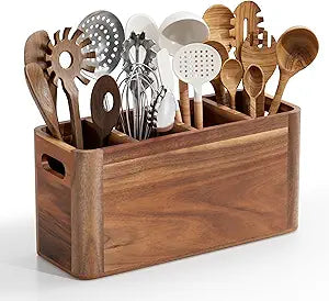 ZUJJAFY Utensil Holder, Extra Large Kitchen Utensil Holder for Counter with 4 Compartments, Wooden Kitchen Utensils Organizer for Countertop Cooking Spatula Storage, Acacia Wood