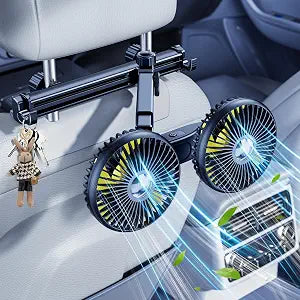 Long Arm Dual Head Car Cooling Fans for Back Seat for Kids, Battery Powered Rechargeable 5V/12V/24V Car Backseat Headrest Fan for Baby Rear Facing Car Seat Cooler That Blow Cold Air for Vehicle